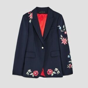 Zara Navy Blue Floral Embroidered Blazer Jacket Ref: 3057/840